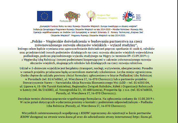 „Polsko – Węgierskie doświadczenia w budowaniu partnerstwa na rzecz zrównoważonego rozwoju obszarów wiejskich – wyjazd studyjny”,
