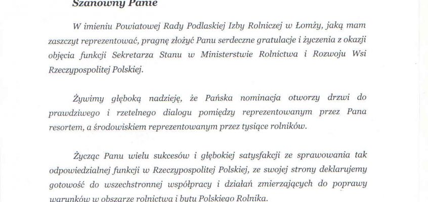 Gratulacje Zdzisława Łuby – Przewodniczącego Rady Powiatowej Podlaskiej Izby Rolniczej w Łomży